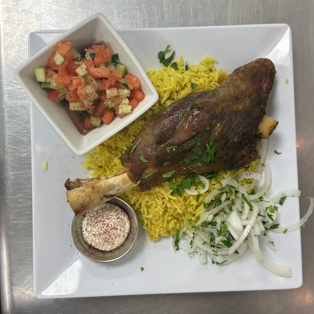 Slow cooked lamb shank.